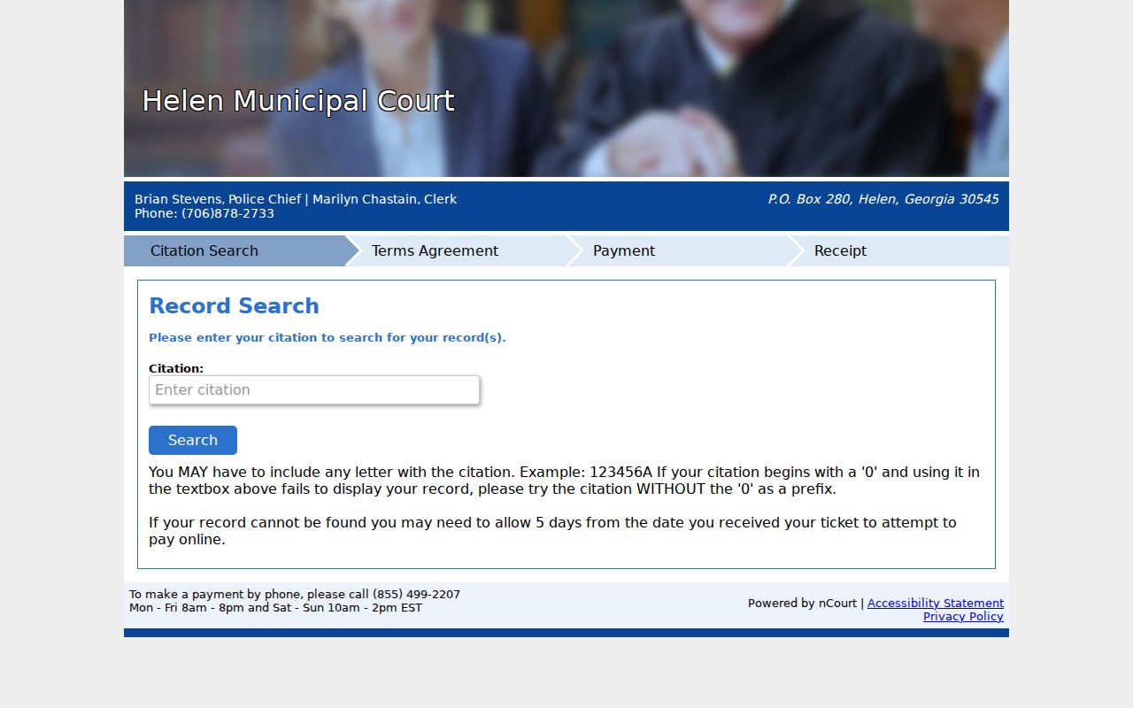Helen NCourt payment page for Helen traffic court records