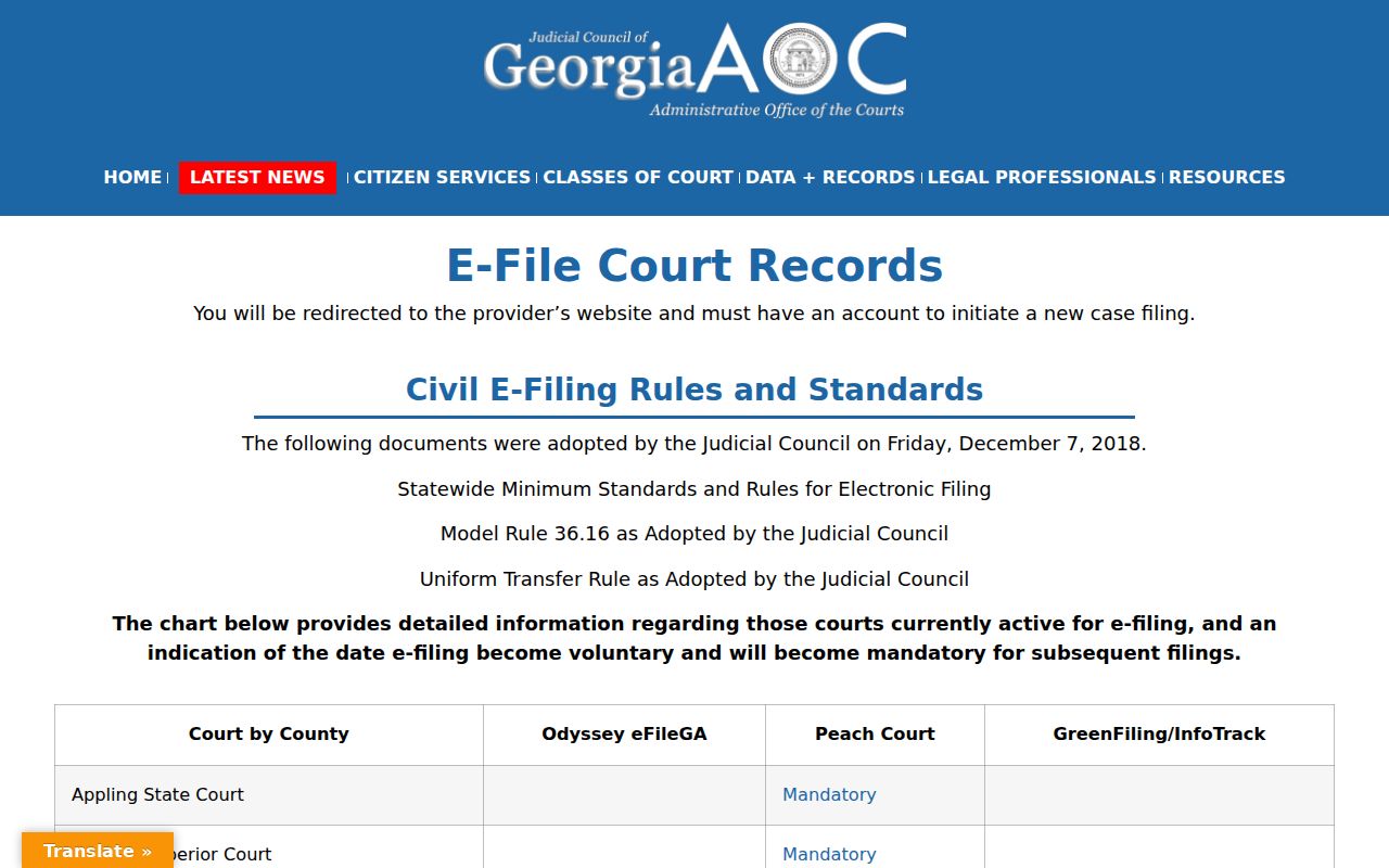 Georgia Courts electronic filing directory