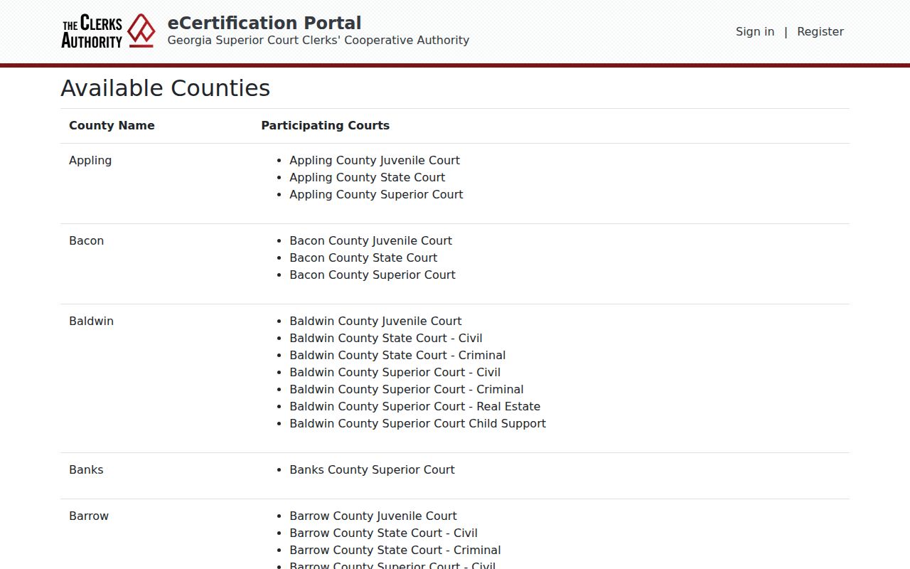 White County court categories available for eCertification