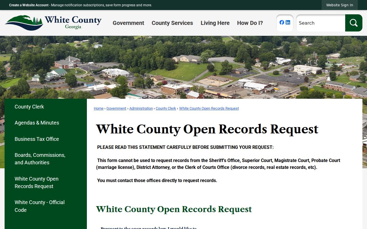 White County court records exclusion on county Open Records form
